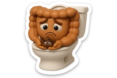 emoji stile iphone di un intestino realistico 3d che esce dal wc con in mano una montagnetta di feci con espressione triste a palline, iperrealistico 4k sticker