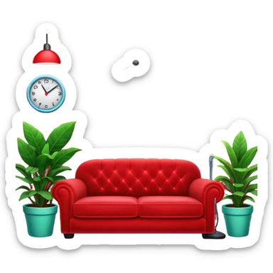 red velvet couch, mic in front, houseplants in back, and a neon sign saying "karaoke", and NO PEOPLE IN IT sticker