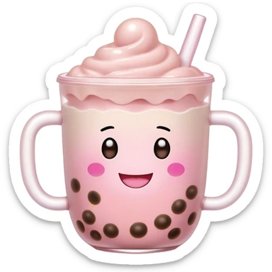 Cute Kawaii Boba Tea Cup, with a happy smiling face, chubby round shape, pastel pink and brown colors, soft glowing highlights, adorable tapioca pearls floating inside, sparkling eyes full of joy! sticker