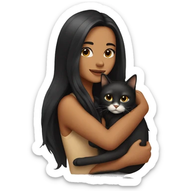 pretty woman with very long black hair and caramel skin hugging a cat sticker