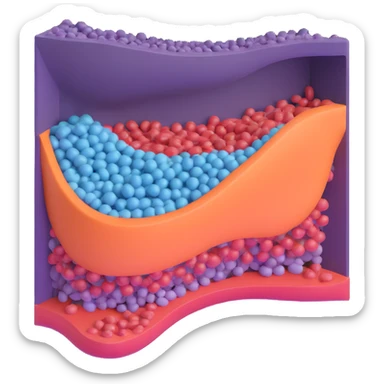 minimal 3D cross-section of a biological membrane with phospholipid bilayer, one channel protein, visible movement of molecules through the channel, schematic and clear sticker