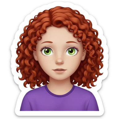 pale white teen girl with light blueish green eyes and freckles with brownish red curly middle part hair and purple shirt sticker