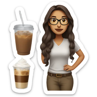 Hispanic woman with long brown hair wearing glasses holding an iced coffee in a clear cup.  sticker