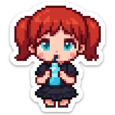 Make the character more chibi with red cherry hair instead of red curly hair, keep the goth style, and depict her drinking water. The style should be pixel art with no background. sticker
