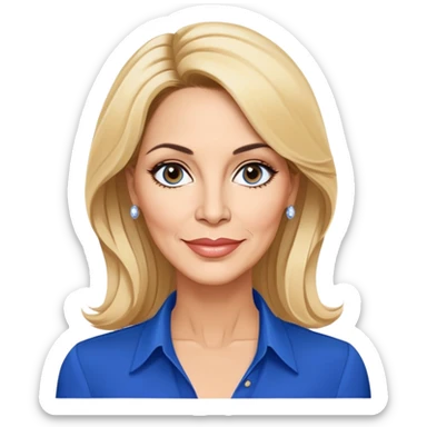 Linette Torres, 50-something Puerto Rican actress with fair complexion, beautiful mature facial features, bright expressive eyes, defined cheekbones with slight age lines, full lips with warm smile, blonde hair with sophisticated styling, wearing a stylish blue blouse sticker