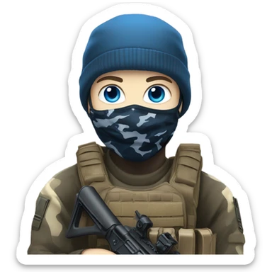 male, pale skin, call of duty face mask, camo tactical gear, combat boots, black beanie, blue eyes sticker