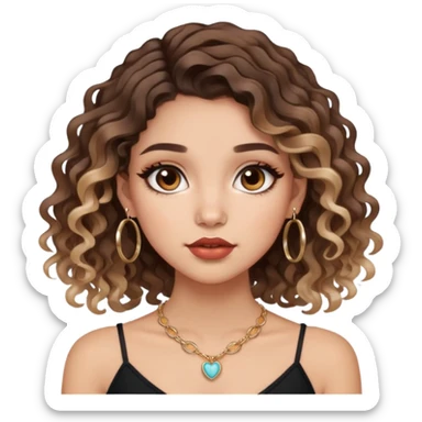 cute girl with not volominous curly/wavy balayage hair brown eyes full lips cute makeup cute necklace and hoop earrings sticker