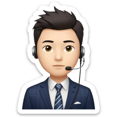 A young Asian man with light skin, short dark hair styled upward with a sharp spiked swoop in front, slightly narrowed almond-shaped eyes with a confident, knowing squint, a clean-shaven face, and a sleek single-ear headset, wearing a dark pinstripe suit with a patterned shirt tie sticker