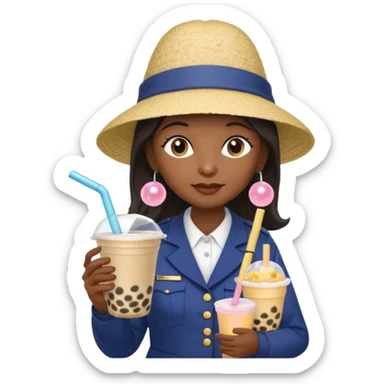 A Mysterious Elderly Female with Dark skin and Straight hair, wearing a Uniform outfit, a Sunhat, No glasses, carrying a Enchanted staff, working as a scientist, while drinking Bubble tea and reading a Journal. sticker