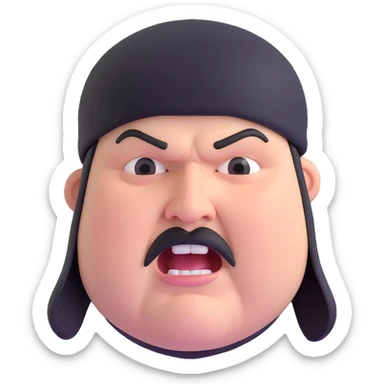 Super extreme tight close-up of just the face of morbidly obese white skin guy with young face, prominent BLACK DURAG tied clearly on head, black beard but no mustache, clean shaven upper lip, black eyes, mouth wide open screaming angrily sticker