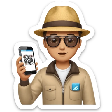 Draw a male tourist who pointed his phone to scan a QR code at a POS terminal for payment. In the style of an Apple emoji sticker
