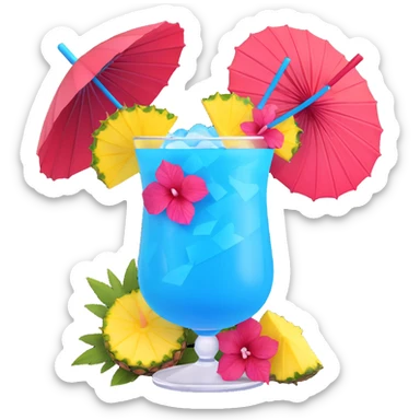 vibrant tropical fruity blue cocktail with hibiscus, pineapple slice, and paper umbrella garnish sticker