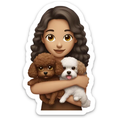 girl with dark brown hair holding brown toy poodle sticker