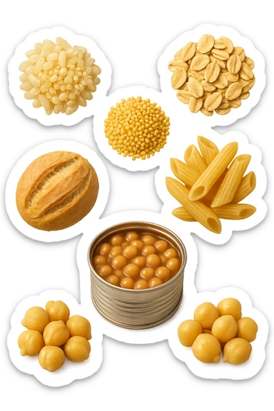 emoji stile iphone 3d di questi elementi che fluttuano in aria:

Riso, quinoa, avena, miglio, couscous senza glutine
Pasta e pane gluten-free
Farro a lievitazione lunga
Lenticchie e ceci in scatola

 che fluttuano in aria, iperealistico 4k sticker