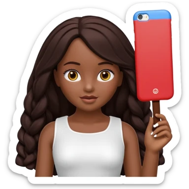 Boneca digital em estilo 3D realista e fofo, semelhante a uma boneca colecionável. Mulher jovem com pele negra, olhos castanhos escuros, cabelo liso cor chocolate, longo e bem alinhado.  sticker