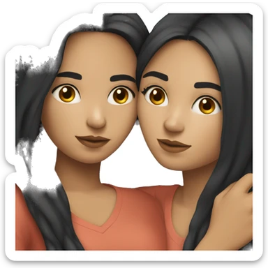 A lesbian couple with white skin and long black hair hugging intimately sticker