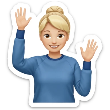 50 year old blonde woman with bun in casual clothes and sweat shirt waving sticker