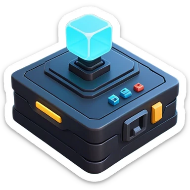 Clash of Clans aesthetic: Cinematic Playful 3D Isometric Sci-Fi Console Emoji, rendered in a 3D vector-style similar to standard emojis with minimal shading and bold, simplified shapes. A compact, distinct form with signature details, softly glowing with a futuristic sci-fi warfare charm. Simplified yet unmistakably iconic, highly detailed and consistent, glowing with a soft radiance and high shine. Stylized with a touch of high-tech brilliance and a soft glowing outline, capturing the essence of a beloved gaming relic with a friendly, playful manner! sticker