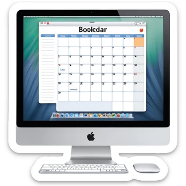 front view of an iMac with a single day-calendar on the screen, vertical list of hours on the left, horizontal rows for client slots, some slots marked as booked sticker
