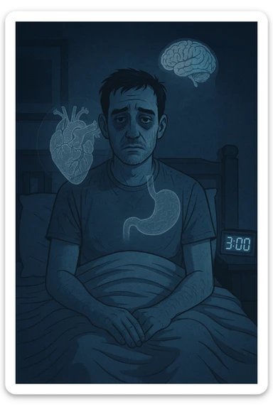 a man sits awake in bed in the middle of the night, dark circles under his eyes and a tired, anxious expression. The room is dimly lit by the blue glow of a phone or digital clock showing 3:00 AM. Around him, faint ghostly overlays of anatomical drawings highlight affected organs—heart, brain, and stomach—symbolizing the physical harm caused by disrupted sleep. sticker