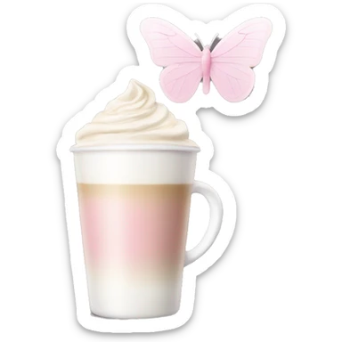 Latte coffee with the pastel pink glass and a white butterfly sticker sticker