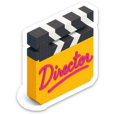 voxel style movie clapperboard with a cursive director's signature, isometric view sticker