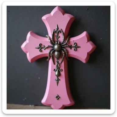realistic gothic cross, pink with a spider charm, photorealistic style sticker