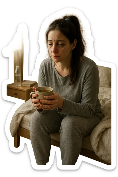 A realistic, cinematic illustration of a woman in her early 30s with a tired, pale appearance, sitting on the edge of her bed in a softly lit bedroom during the morning, looking exhausted and drained. Her posture is slightly slouched, and dark circles are visible under her eyes. She wears comfortable loungewear, holding a warm cup of herbal tea in her hands, seeking comfort. The scene includes a cozy yet slightly messy room with a blanket, a water bottle, and a book on the nightstand, emphasizing chronic fatigue. Soft natural light comes through the window, highlighting her expression of persistent tiredness despite rest, capturing the invisible struggle of chronic fatigue syndrome while maintaining dignity and a gentle aesthetic. sticker