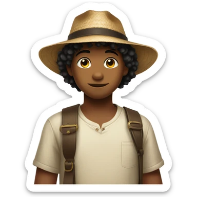 Young boy with a scar on his left cheek, black hair, and a straw hat sticker