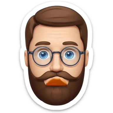 White man with blue eyes, long brown hair, large round glasses, mustache and beard sticker