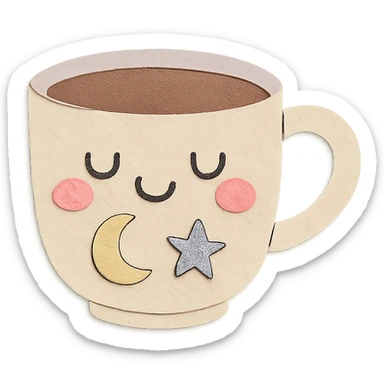 coffee cup with pastel moon and star doodles, blushing cheeks, hand-drawn style sticker