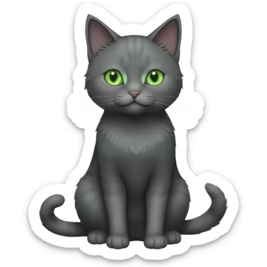 full body view of beautiful female solid dark grey cat with green eyes, grey face, white toes/paws and small white patch on her chest sticker