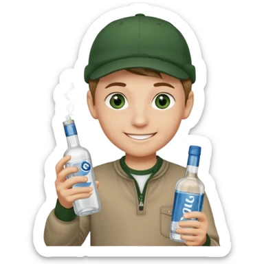 garçon avec yeux vert foncé qui a une puff 16k jnr à l’un main et une bouteille de vodka à la main avec une coupe casquette et les cheveux chatin clair  sticker