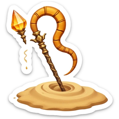 desert sand mage staff object icon, staff topped with a scorpion-shaped sand crystal, glowing amber aura, tribal desert carvings, floating sand dust, 3D cartoon, mobile game icon style, centered, clean background, no text, no watermark
 sticker