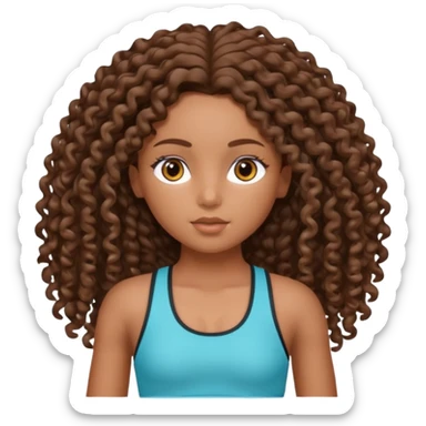 Uma boneca morena com olhos castanhos e cabelo cacheado longo até o peito, treinando Gym sticker