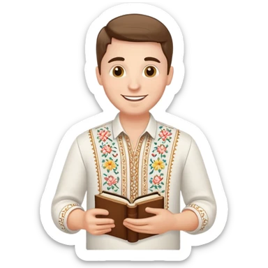a happy guy in a white Ukrainian embroidered shirt, holding a book of music in his hand sticker