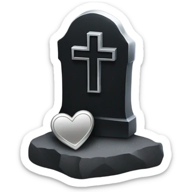 a black tombstone in silver RIP and a silver heart sticker