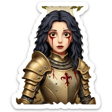 realistic cinematic actress Cher in baroque styling like Joan of Orleans dirty bloody damaged armor in a forest sticker