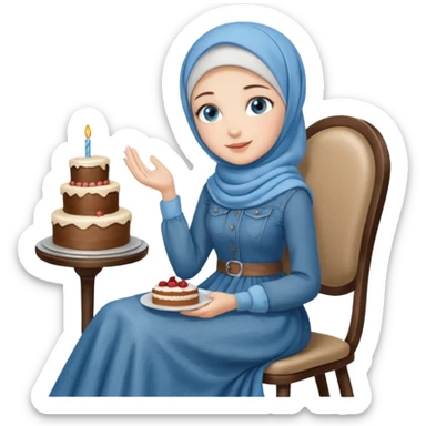 Turkish beautiful finish Konya girl blue eyes with denim hijab long tail dress and sits on the chair and holds cake with her hand  sticker