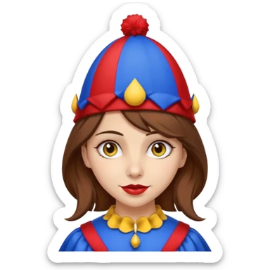 a girl with brown hair a blue and red jester hat with yellow pom pom's at the tip of the jester hat her eyes a patren of red and blue  sticker