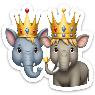 Democratic Party elephant facing Republican Party donkey with face of Donald Trump wearing a crown in between them sticker