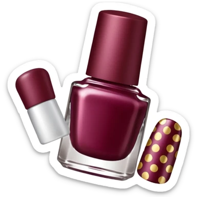 burgundy nail polish bottle, nail polish has light gold iridescence, cap is black with white polka dots, cinematic emoji sticker