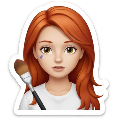 red-haired girl, she has long hair. she is in a white T-shirt, and in her hand near her face she is holding a makeup brush sticker
