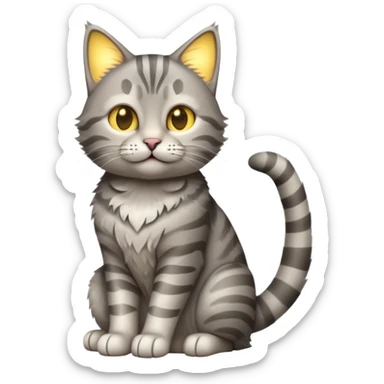 cinematic-[grey tabby cat]-realistic-full-body-sitting-emoji,-tail-curled-playfully-around-its-paws,-head-tilted-dramatically,-scruffy-[grey]-fur,-simplified-yet-realistic-focused-features,-highly-detailed,-glowing-with-an-almost-sarcastic-glow sticker