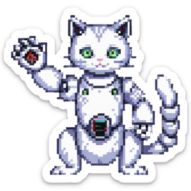 pixel art cat with a robotic arm, retro gaming vibe sticker