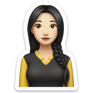 Female asian round face with black long untied hair yellow highlight in a black shirt sticker