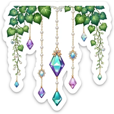 Exotic romantic Few cute tiny Iridescent glistening glossy sparkly shiny glittery hanging crystals pearls and beads and gemstones scenery scenic decorations with ivy and flowers sticker