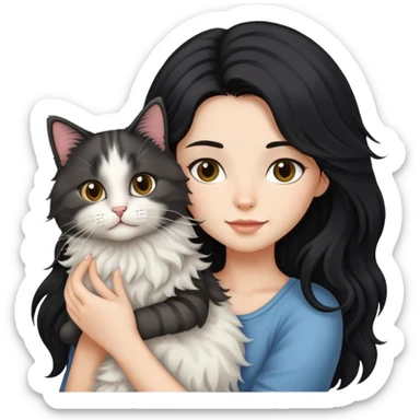 Long black hair girl holding a haired tabby cat sticker
