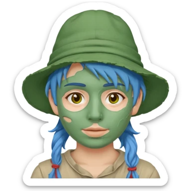 messy green full face clay mask and tourist hat blue hir sticker