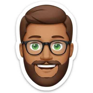 Superman with brown hair, a beard, and glasses on. Eyes are green. Happy face sticker